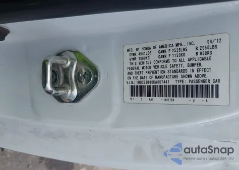 2012 Honda Accord 3.5 Ex-L из США, поврежденный, VIN 1HGCS2B80CA007441